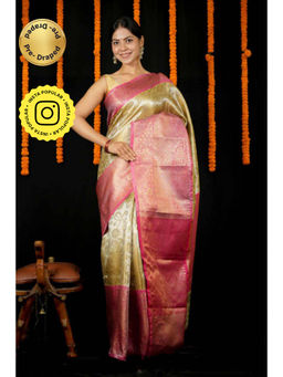 Isadora Life - Womens Woven Zari Yellow Pre-Draped Saree With Unstitched Blouse
