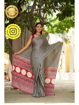 Isadora Life - Womens Printed Stripes Multi-Color Pre-Draped Saree With Unstitched Blouse