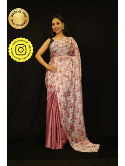Isadora Life - Womens Floral Printed Pink Pre-Draped Saree With Unstitched Blouse