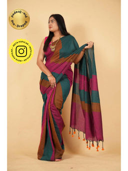 Isadora Life - Womens Stripes Tassels Multi-Color Pre-Draped Saree With Unstitched Blouse