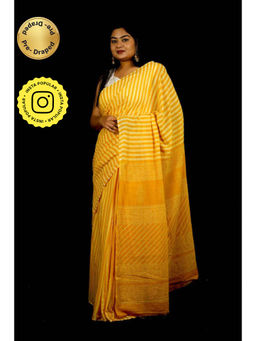 Isadora Life - Womens Printed Stripes Yellow Pre-Draped Saree With Unstitched Blouse