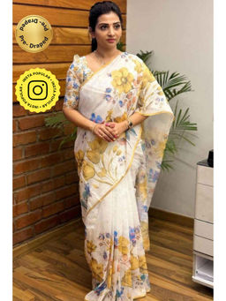 Isadora Life - Womens Floral Printed White Pre-Draped Saree With Unstitched Blouse