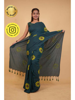 Isadora Life - Womens Floral Tassels Teal Pre-Draped Saree With Unstitched Blouse