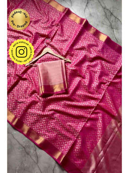 Isadora Life - Womens Woven Zari Pink Pre-Draped Saree With Unstitched Blouse