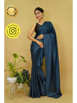 Isadora Life - Womens Beads Sequined Blue Pre-Draped Saree With Unstitched Blouse