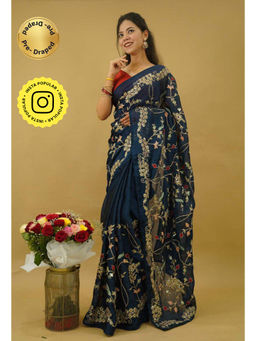 Isadora Life - Womens Embroidered Sequined Teal Pre-Draped Saree With Unstitched Blouse