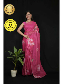 Isadora Life - Womens Floral Printed Pink Pre-Draped Saree With Unstitched Blouse