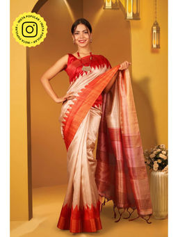 Isadora Life - Womens Woven Tassels Beige Pre-Draped Saree With Unstitched Blouse