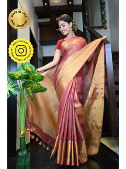Isadora Life - Womens Woven Tassels Pink Pre-Draped Saree With Unstitched Blouse