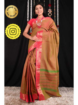 Isadora Life - Womens Woven Brown Pre-Draped Saree With Unstitched Blouse