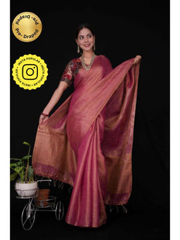 Isadora Life - Womens Woven Tassels Pink Pre-Draped Saree With Unstitched Blouse