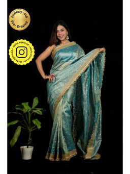 Isadora Life - Womens Woven Zari Blue Pre-Draped Saree With Unstitched Blouse