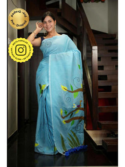 Isadora Life - Womens Printed Tassels Blue Pre-Draped Saree With Unstitched Blouse