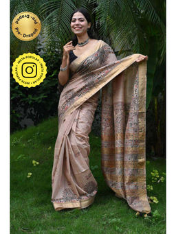 Isadora Life - Womens Printed Tassels Beige Pre-Draped Saree With Unstitched Blouse