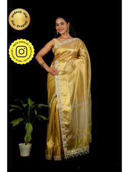 Isadora Life - Womens Woven Mirror Work Gold Pre-Draped Saree With Unstitched Blouse