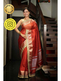 Isadora Life - Womens Woven Zari Red Pre-Draped Saree With Unstitched Blouse