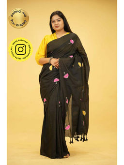 Isadora Life - Womens Embroidered Tassels Black Pre-Draped Saree With Unstitched Blouse