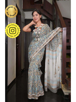 Isadora Life - Womens Printed Grey Pre-Draped Saree With Unstitched Blouse