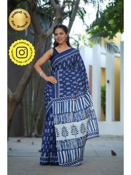 Isadora Life - Womens Printed Blue Pre-Draped Saree With Unstitched Blouse