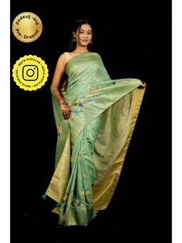 Isadora Life - Womens Printed Green Pre-Draped Saree With Unstitched Blouse
