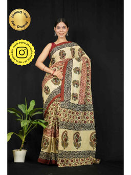 Isadora Life - Womens Printed Beige Pre-Draped Saree With Unstitched Blouse