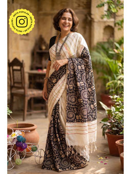 Isadora Life - Womens Printed Stripes White Pre-Draped Saree With Unstitched Blouse