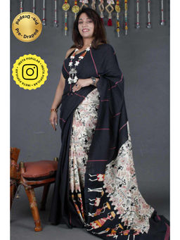 Isadora Life - Womens Printed Black Pre-Draped Saree With Unstitched Blouse