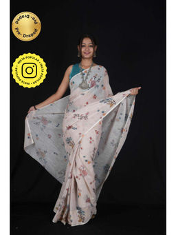 Isadora Life - Womens Floral Printed Off White Pre-Draped Saree With Unstitched Blouse