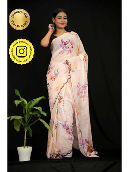 Isadora Life - Womens Floral Mirror Work Peach Pre-Draped Saree With Unstitched Blouse