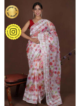 Isadora Life - Womens Floral Embroidered White Pre-Draped Saree With Unstitched Blouse
