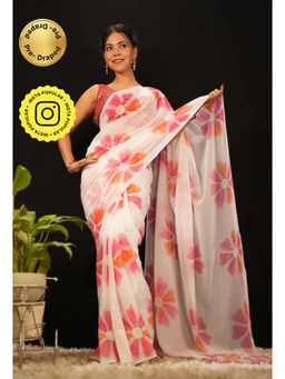 Isadora Life - Womens Floral Printed White Pre-Draped Saree With Unstitched Blouse