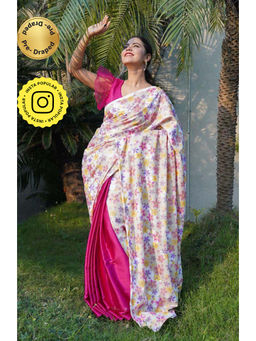 Isadora Life - Womens Floral Printed White Pre-Draped Saree With Unstitched Blouse