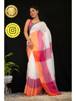Isadora Life - Womens Colorblock Tassels White Pre-Draped Saree With Unstitched Blouse