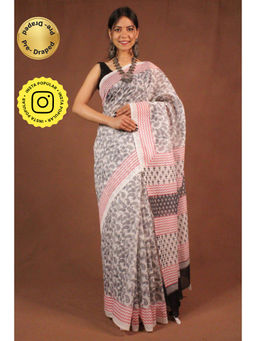 Isadora Life - Womens Printed Tassels Off White Pre-Draped Saree With Unstitched Blouse