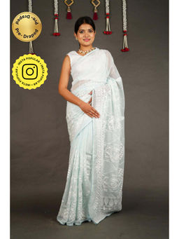 Isadora Life - Womens Embroidered Chikankari Blue Pre-Draped Saree With Unstitched Blouse