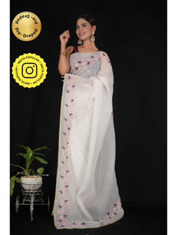 Isadora Life - Womens Embroidered Thread Work White Pre-Draped Saree With Unstitched Blouse