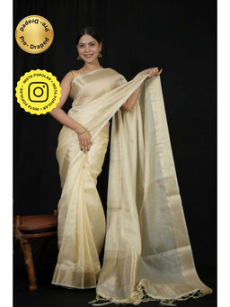 Isadora Life - Womens Stripes Zari Ivory Pre-Draped Saree With Unstitched Blouse