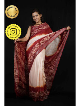 Isadora Life - Womens Printed Tassels Beige Pre-Draped Saree With Unstitched Blouse