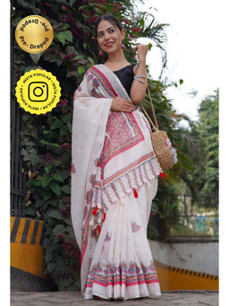 Isadora Life - Womens Printed Tassels White Pre-Draped Saree With Unstitched Blouse