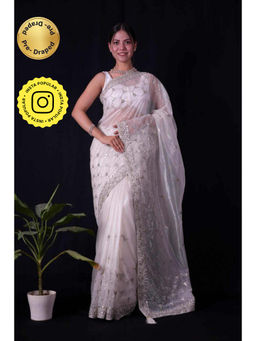 Isadora Life - Womens Embroidered Sequined White Pre-Draped Saree With Unstitched Blouse
