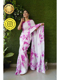 Isadora Life - Womens Tie & Dye Mirror Work White Pre-Draped Saree With Unstitched Blouse