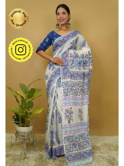 Isadora Life - Womens Floral Printed White Pre-Draped Saree With Unstitched Blouse