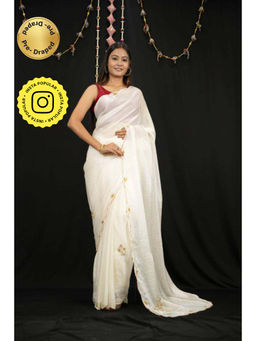 Isadora Life - Womens Embroidered Sequined Off White Pre-Draped Saree With Unstitched Blouse