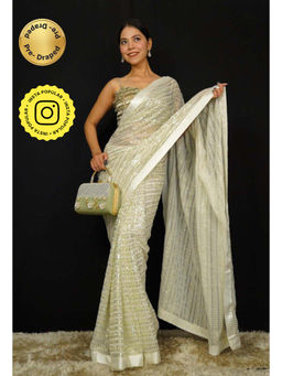 Isadora Life - Womens Embroidered Sequined Cream Pre-Draped Saree With Unstitched Blouse
