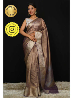 Isadora Life - Womens Woven Zari Brown Pre-Draped Saree With Unstitched Blouse