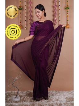 Isadora Life - Womens Beads Sequined Purple Pre-Draped Saree With Unstitched Blouse