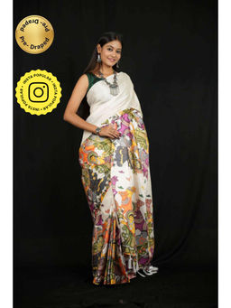 Isadora Life - Womens Printed White Pre-Draped Saree With Unstitched Blouse