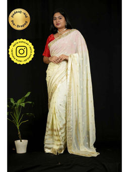 Isadora Life - Womens Woven Zari Ivory Pre-Draped Saree With Unstitched Blouse