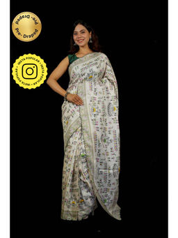Isadora Life - Womens Printed White Pre-Draped Saree With Unstitched Blouse