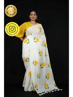 Isadora Life - Womens Floral Tassels White Pre-Draped Saree With Unstitched Blouse